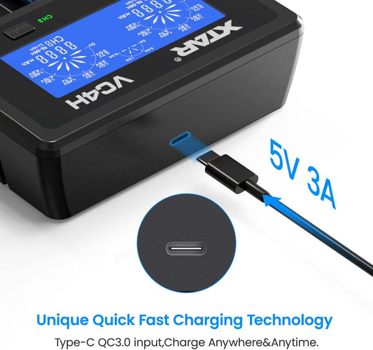 18650 Charger VC4H Battery Charger 4 Bays Updated 21700 Battery Charger USB C Charger Not Including Batteries