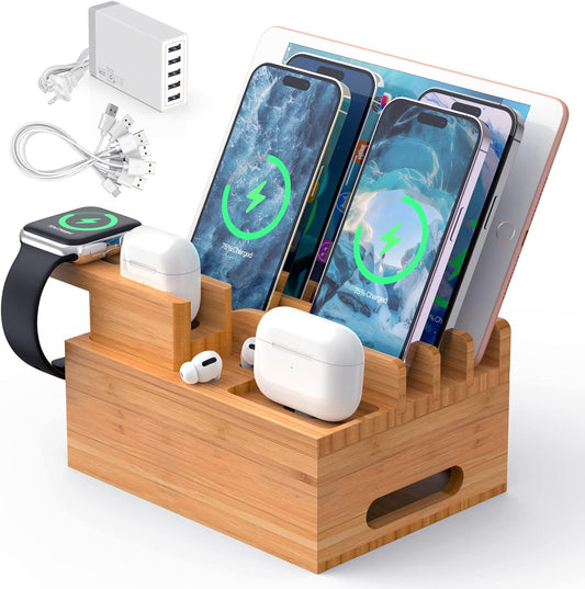Bamboo Charging Station, Electronic Docking Station Organizer, Charger Organizer Compatible with Earbuds, Watch, Cell Phone, Tablet (Included 6 Charging Cables, 5 Ports Charger)
