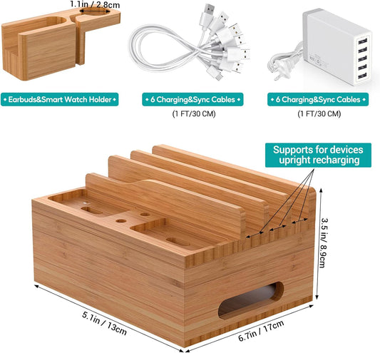 Bamboo Charging Station, Electronic Docking Station Organizer, Charger Organizer Compatible with Earbuds, Watch, Cell Phone, Tablet (Included 6 Charging Cables, 5 Ports Charger)