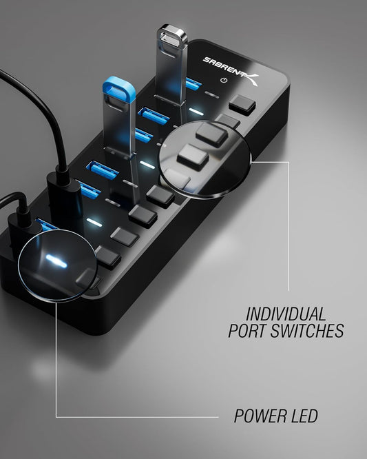 10-Port 60W USB 3.0 Hub with Individual Power Switches and Leds, Includes 60W 12V/5A Power Adapter (HB-BU10)